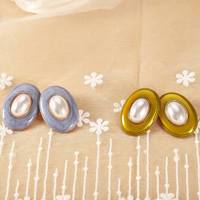 S925 Oval Pearl Colorful Earrings