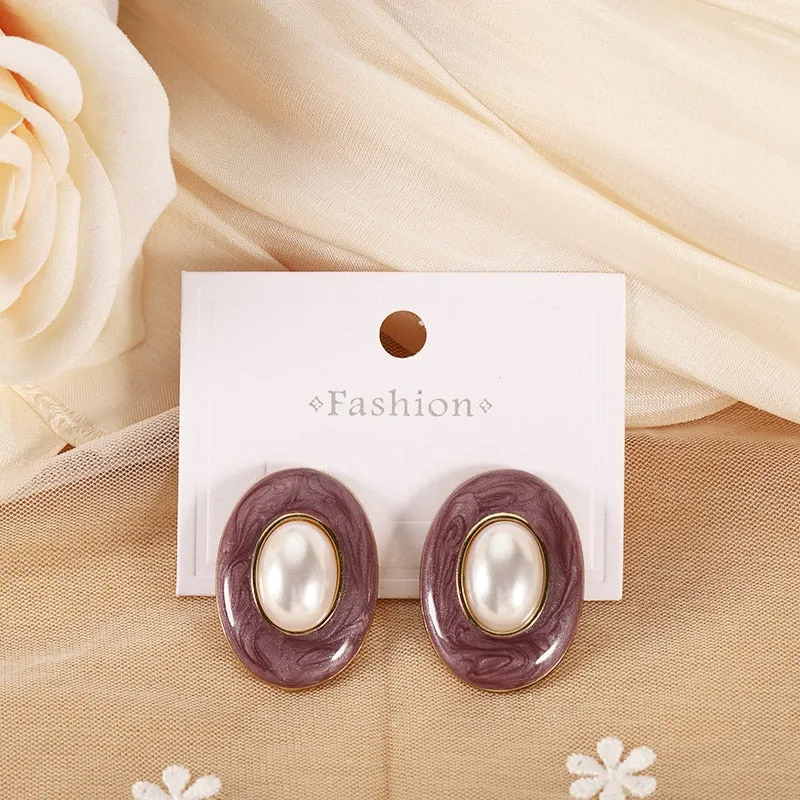 S925 Oval Pearl Colorful Earrings
