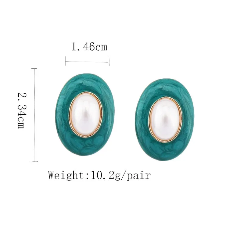 S925 Oval Pearl Colorful Earrings