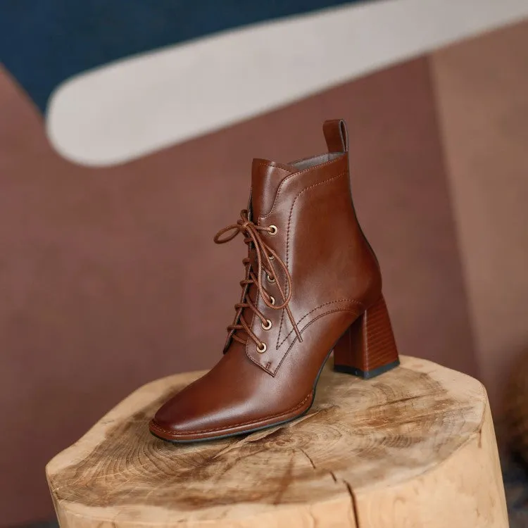 Spring and Autumn New Booties High Heel Women's Shoes Lace-up Square Toe Martin Boots Thick Heel with British Style Short Cowhide Boots