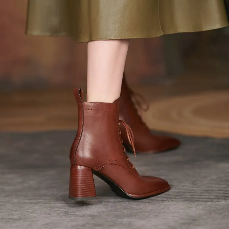 Spring and Autumn New Booties High Heel Women's Shoes Lace-up Square Toe Martin Boots Thick Heel with British Style Short Cowhide Boots