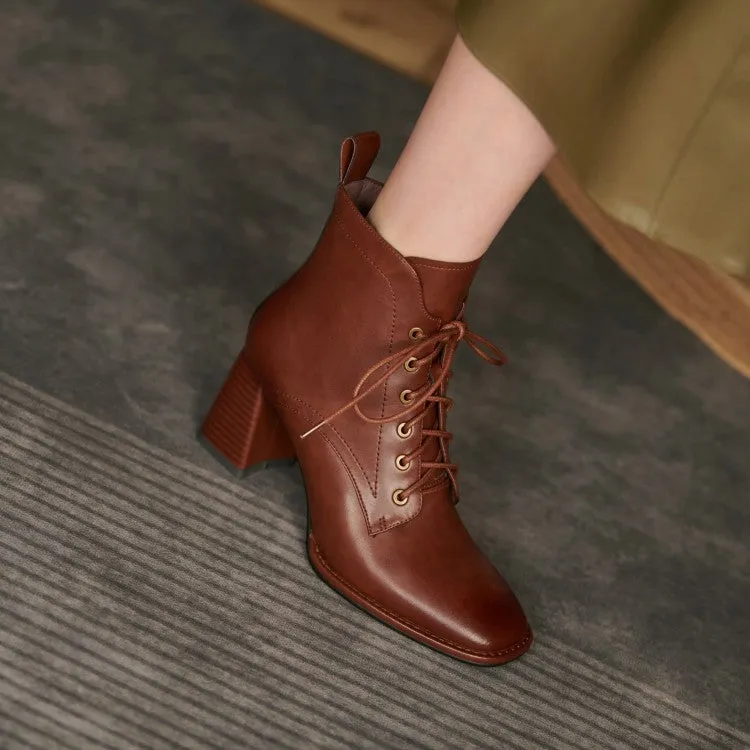 Spring and Autumn New Booties High Heel Women's Shoes Lace-up Square Toe Martin Boots Thick Heel with British Style Short Cowhide Boots