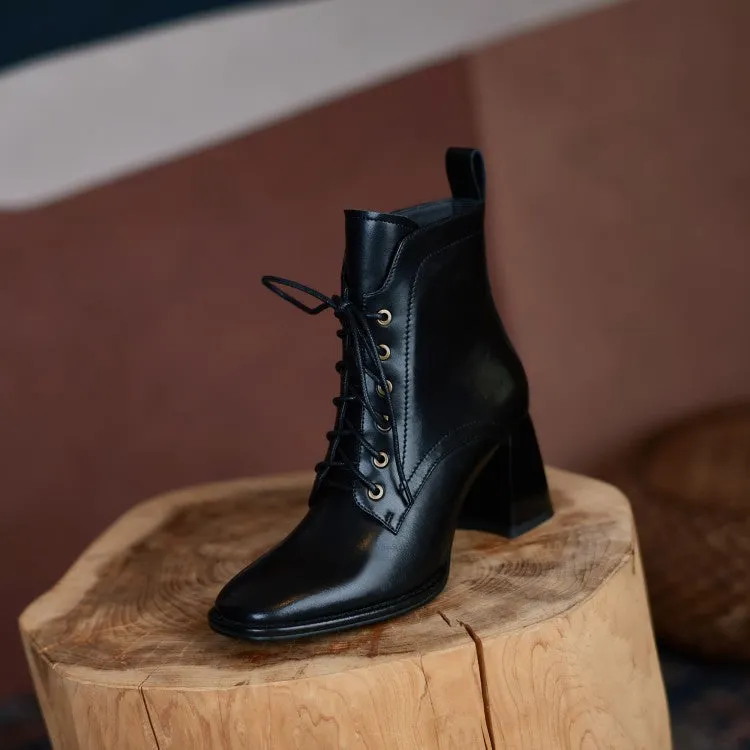 Spring and Autumn New Booties High Heel Women's Shoes Lace-up Square Toe Martin Boots Thick Heel with British Style Short Cowhide Boots