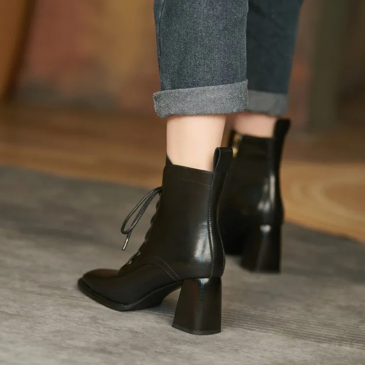 Spring and Autumn New Booties High Heel Women's Shoes Lace-up Square Toe Martin Boots Thick Heel with British Style Short Cowhide Boots
