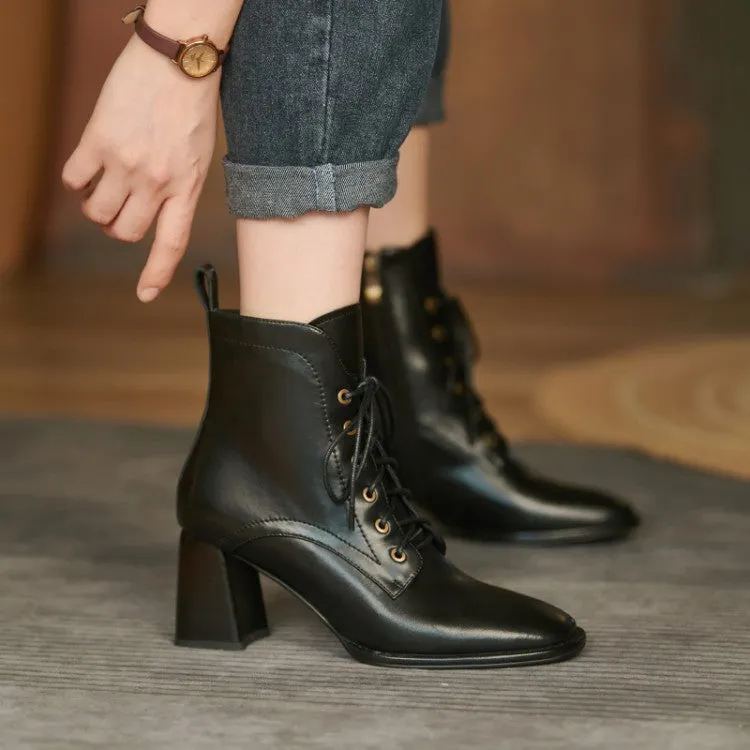 Spring and Autumn New Booties High Heel Women's Shoes Lace-up Square Toe Martin Boots Thick Heel with British Style Short Cowhide Boots