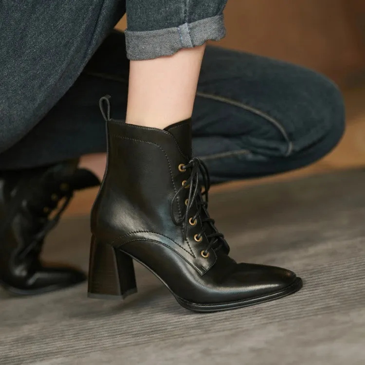Spring and Autumn New Booties High Heel Women's Shoes Lace-up Square Toe Martin Boots Thick Heel with British Style Short Cowhide Boots
