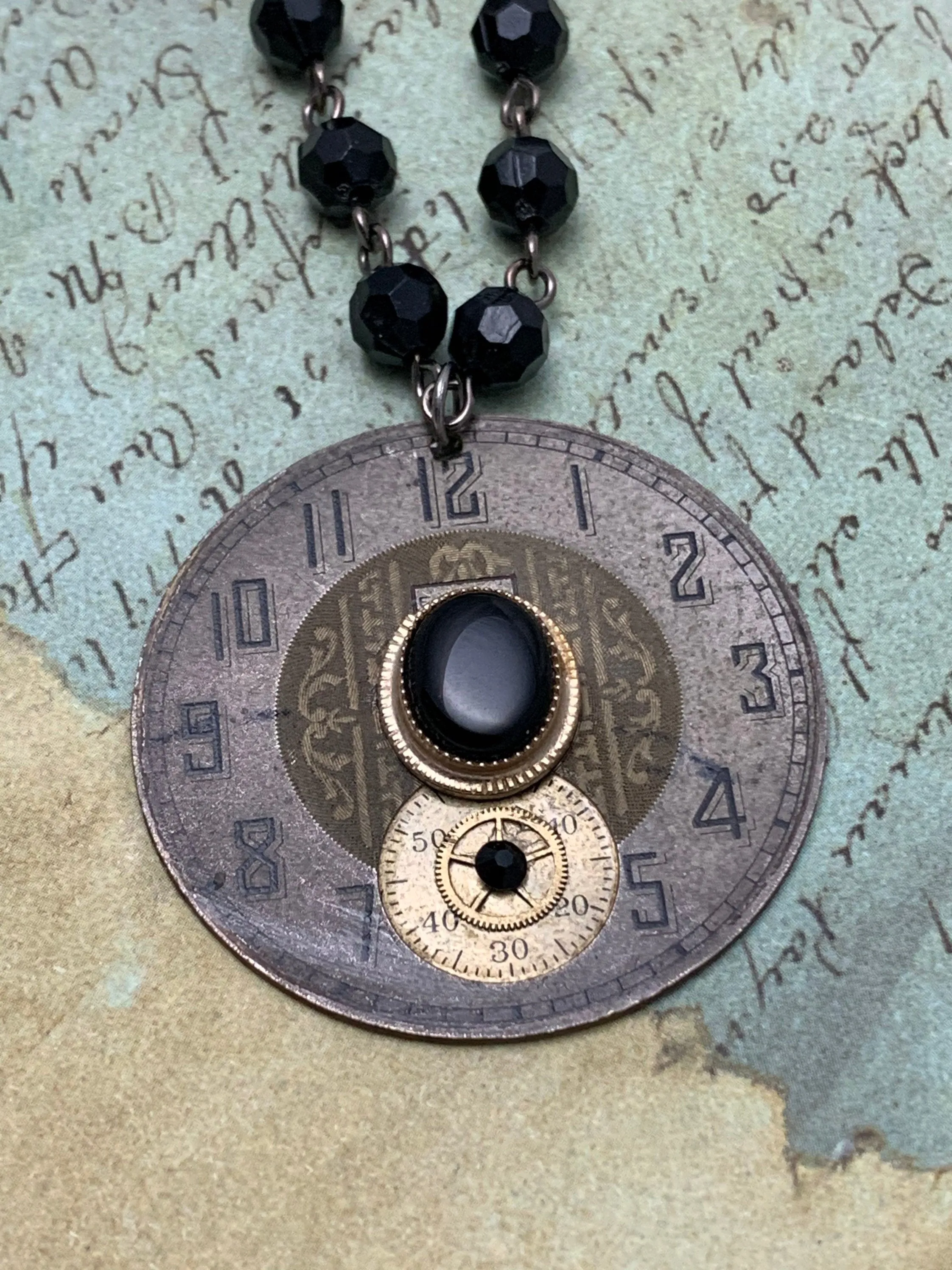 Steampunk Necklace - Juncture - Pocket watch face - Onyx - gift for mom - Birthday gift for her