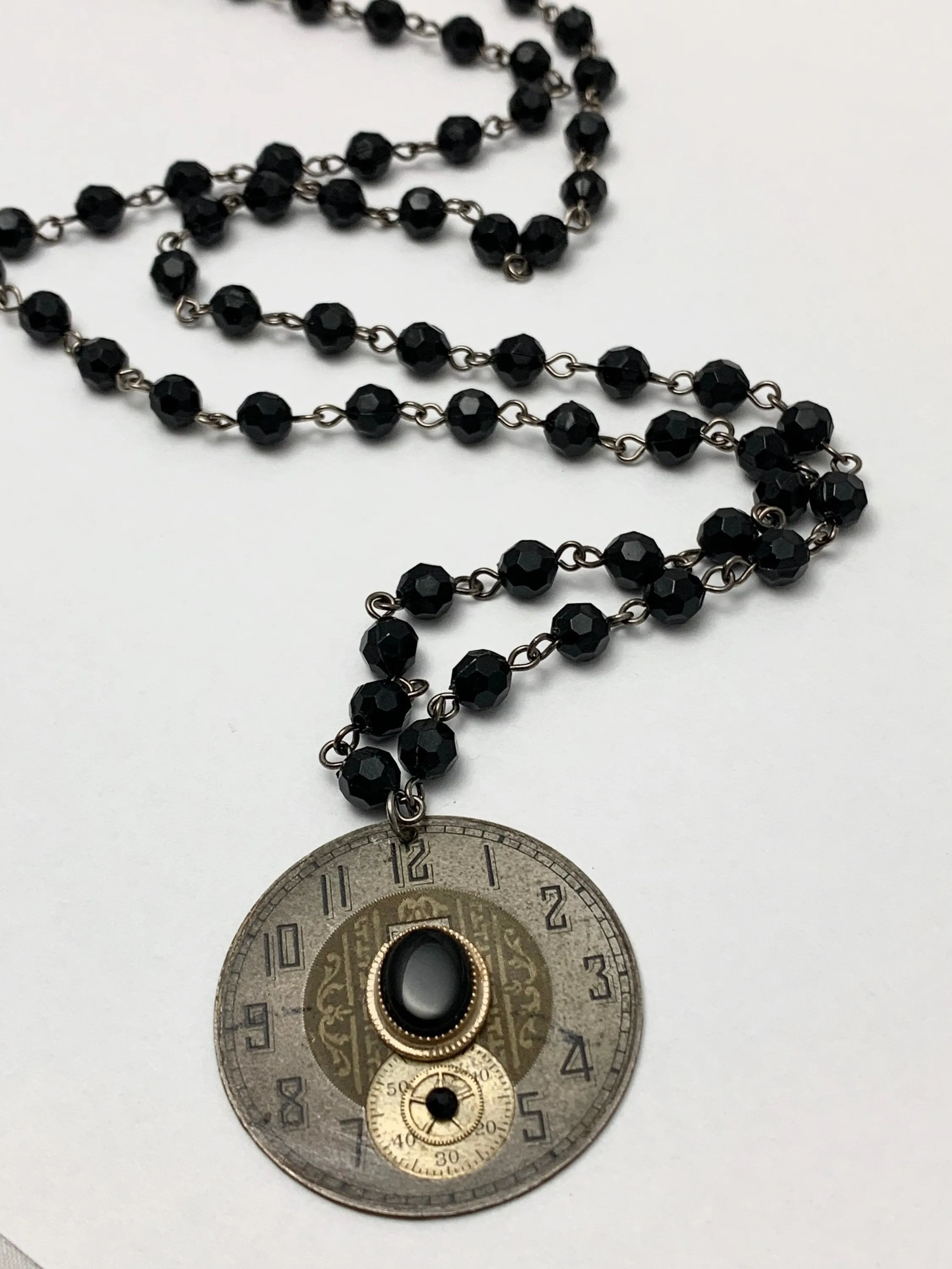 Steampunk Necklace - Juncture - Pocket watch face - Onyx - gift for mom - Birthday gift for her