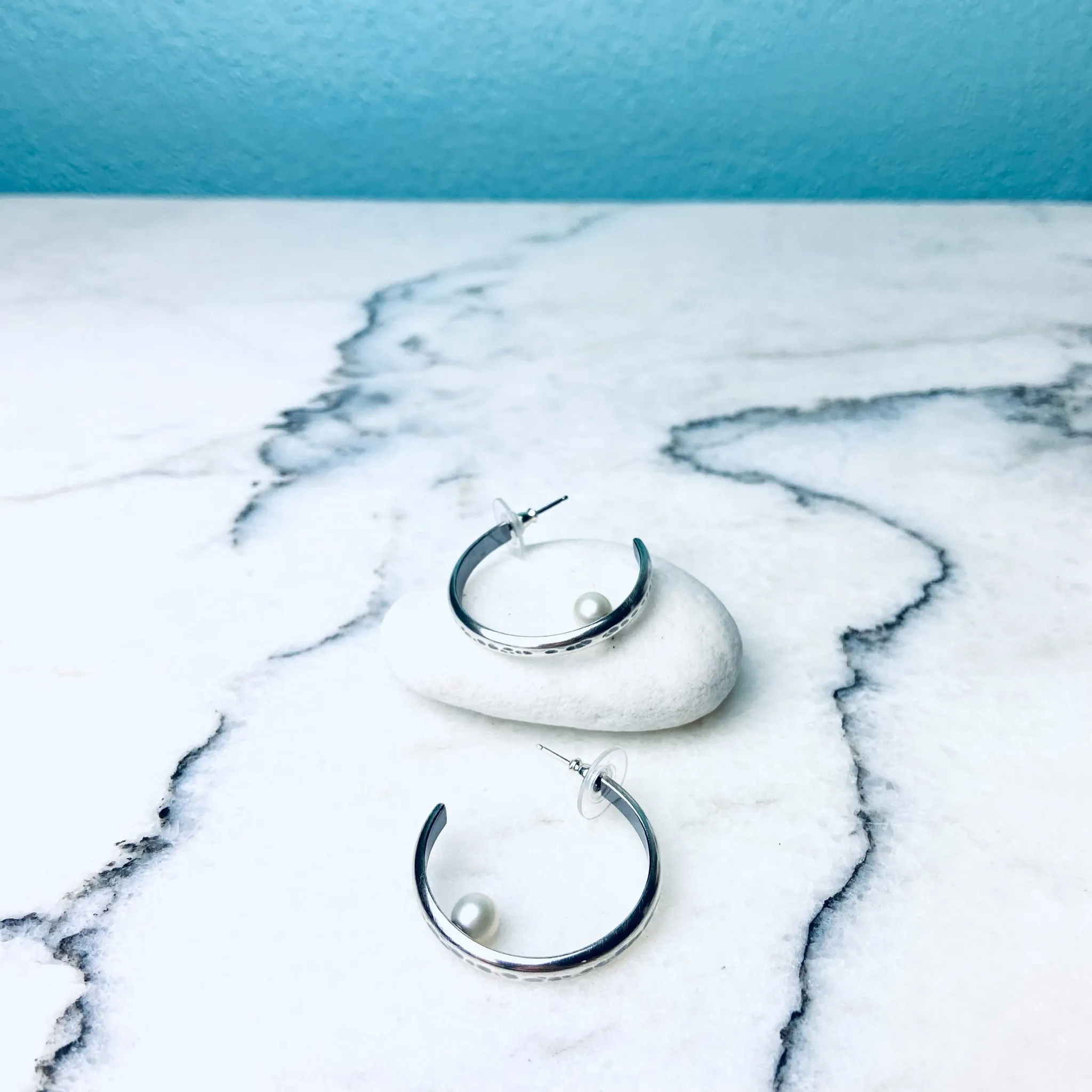 Sterling Silver Earrings Hoops with Freshwater Pearls - Floating Pearls
