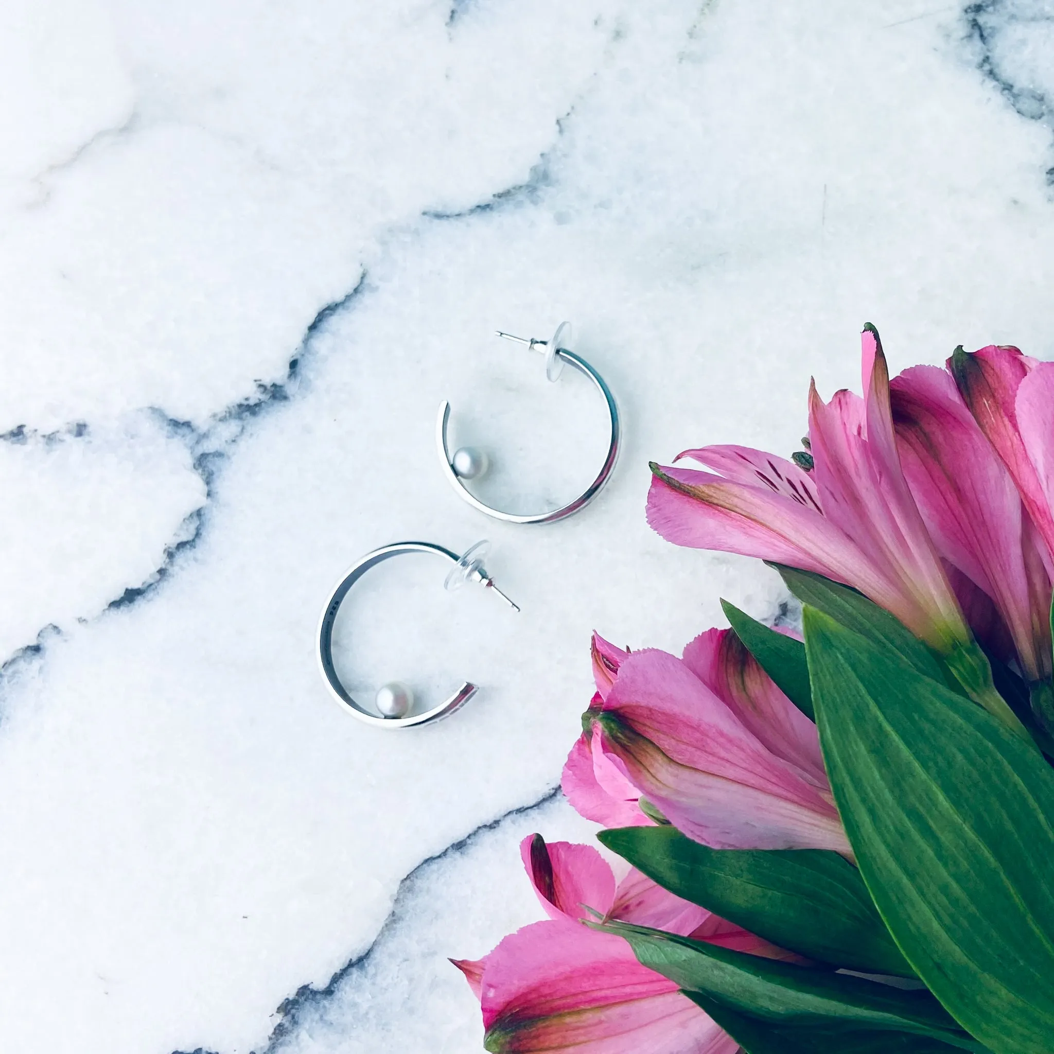 Sterling Silver Earrings Hoops with Freshwater Pearls - Floating Pearls
