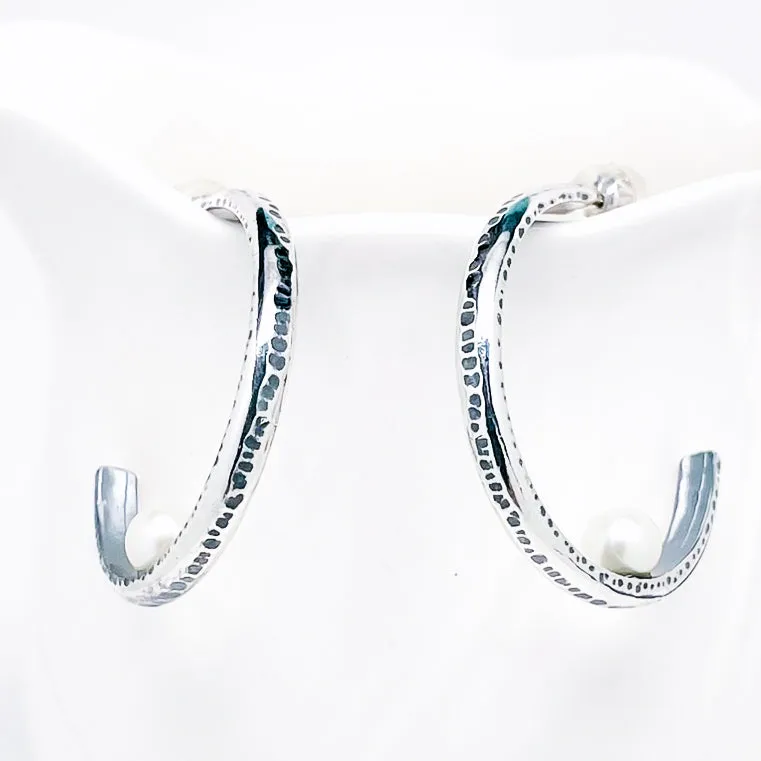 Sterling Silver Earrings Hoops with Freshwater Pearls - Floating Pearls
