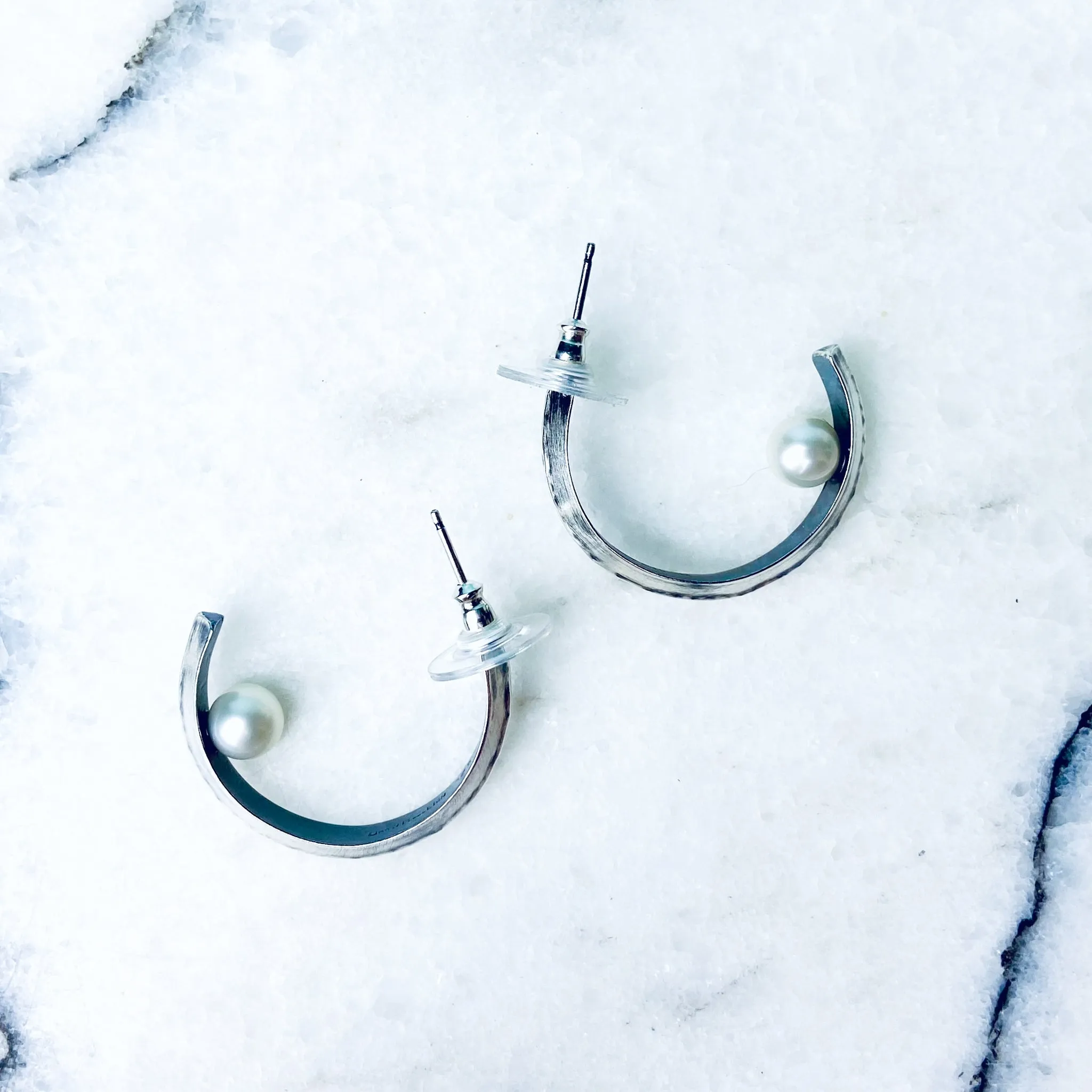 Sterling Silver Earrings Hoops with Freshwater Pearls - Floating Pearls