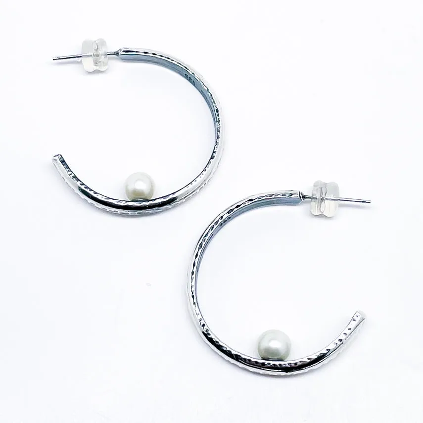 Sterling Silver Earrings Hoops with Freshwater Pearls - Floating Pearls