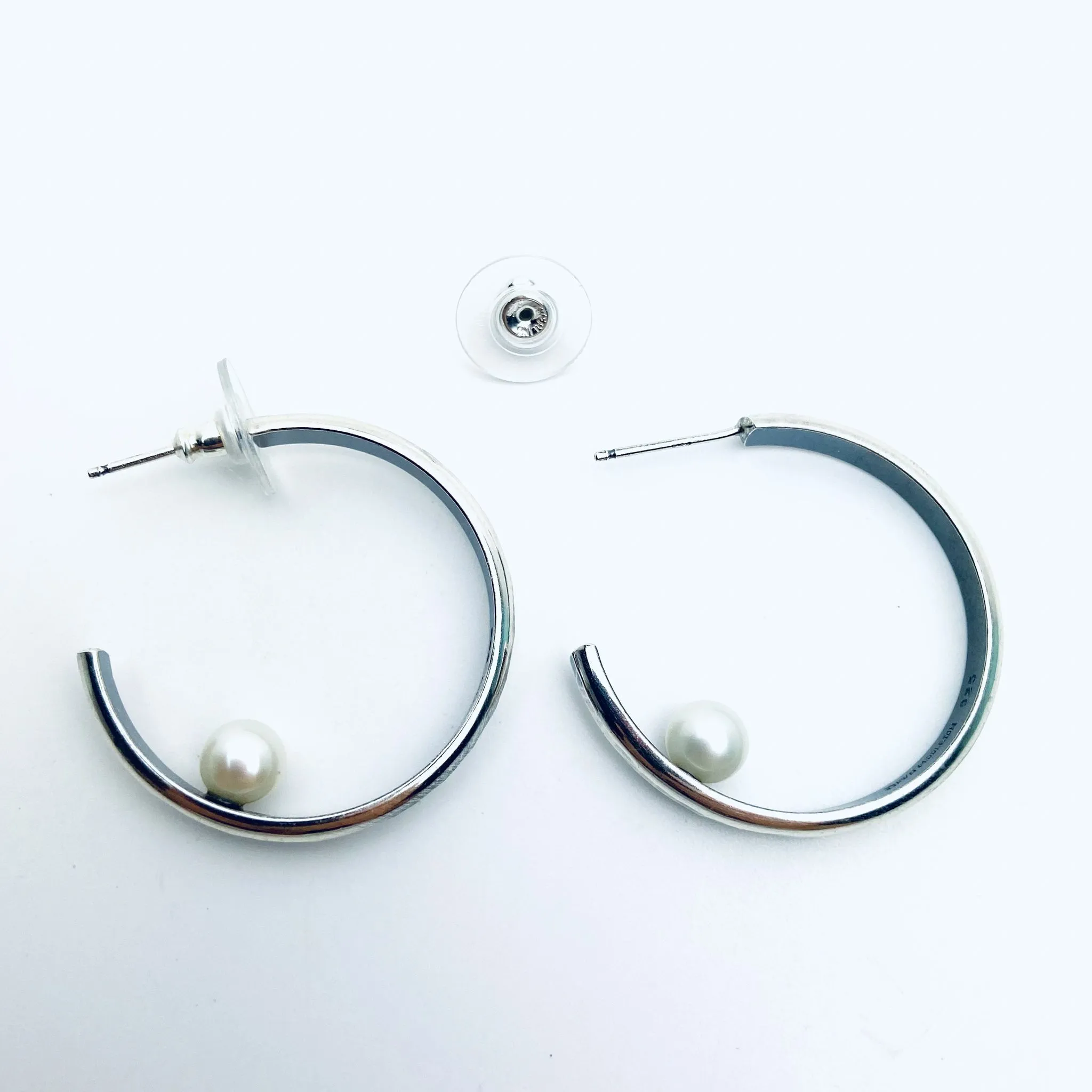 Sterling Silver Earrings Hoops with Freshwater Pearls - Floating Pearls