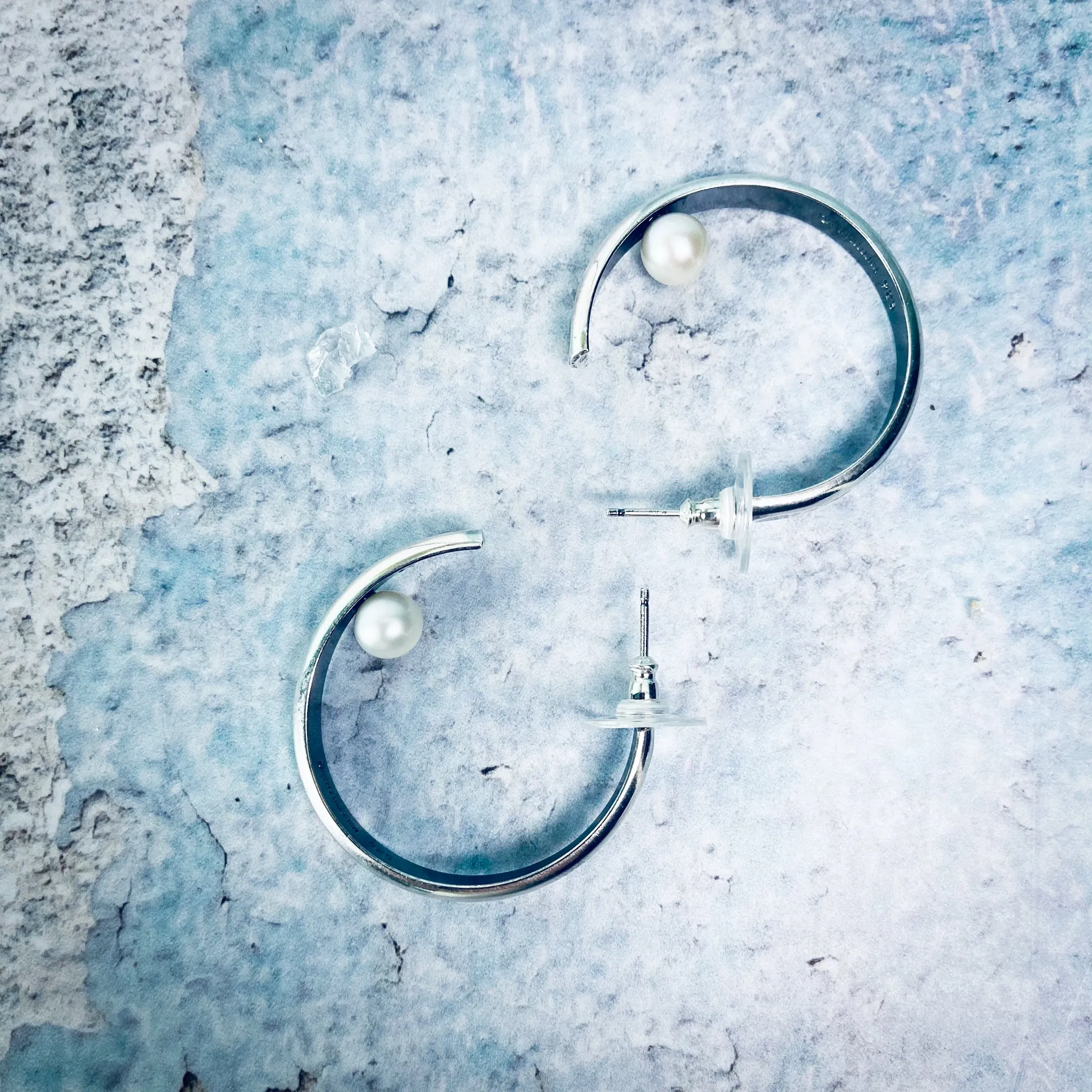 Sterling Silver Earrings Hoops with Freshwater Pearls - Floating Pearls