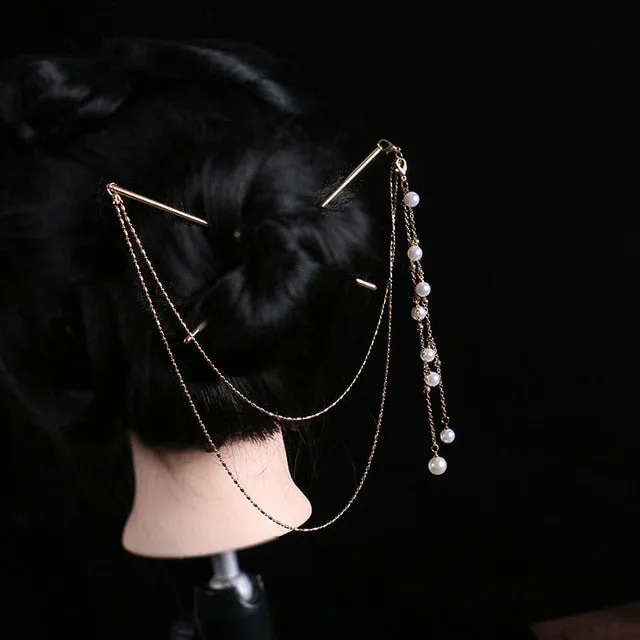 Tassel Double Chain Hair Fork Hairpin Retro Hair Accessories Hairgrip