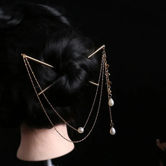 Tassel Double Chain Hair Fork Hairpin Retro Hair Accessories Hairgrip