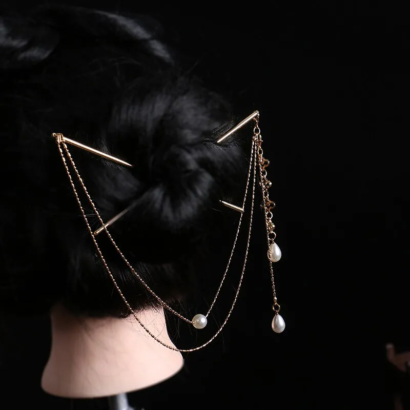 Tassel Double Chain Hair Fork Hairpin Retro Hair Accessories Hairgrip