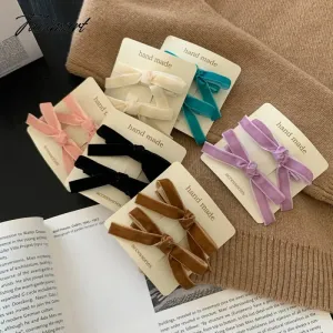 Tavimart 2Pcs Korean Colorful Velvet Bow Hairpin Hairgrip Hair Clips for Girls Women Vintage Long Ribbon Hair Clip Hair Accessories