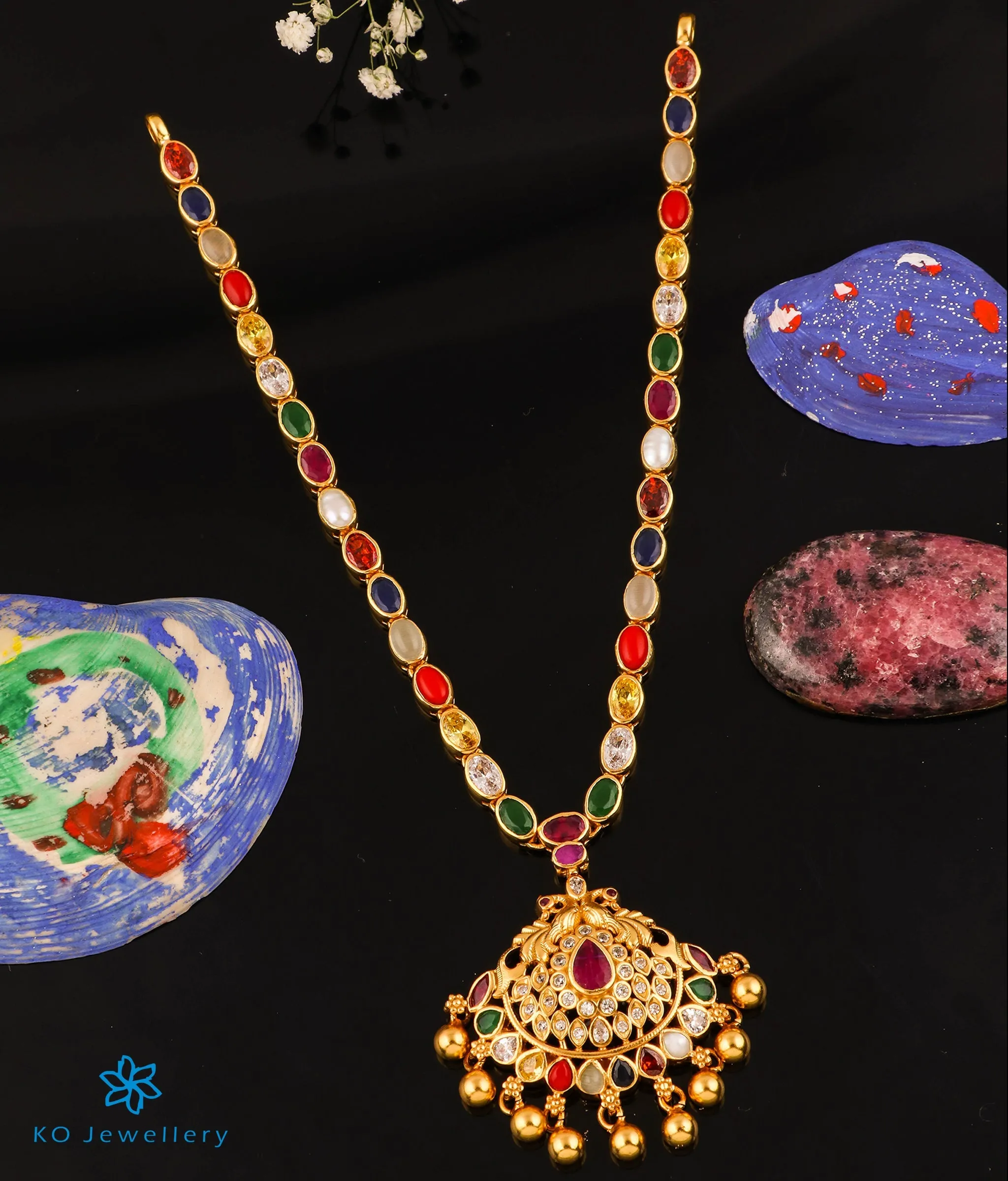 The Nishta Silver Navratna Peacock Necklace