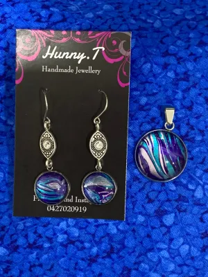 Turquoise/Deep Purple/Silver Water Fluid Art Pendant Set