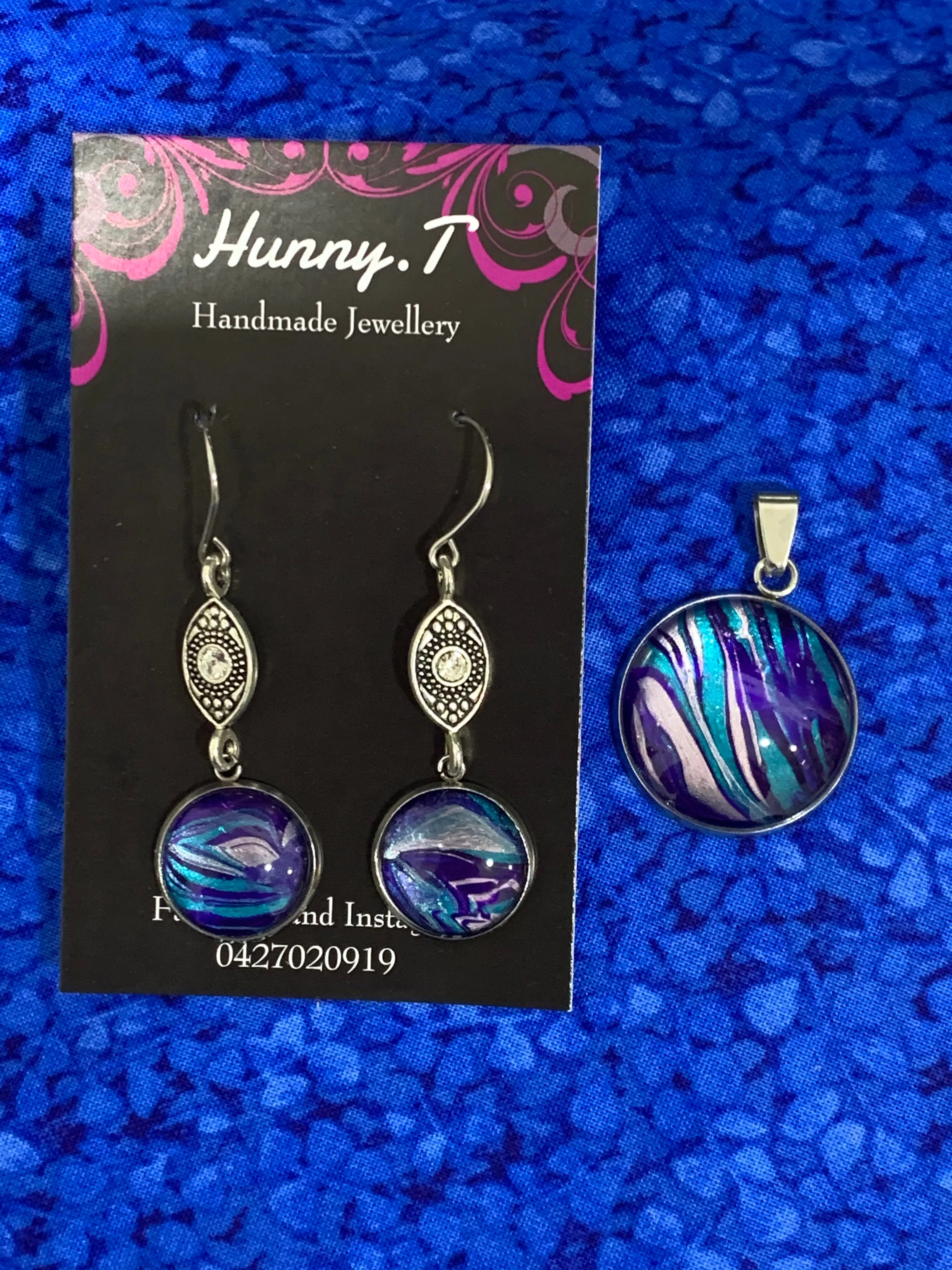 Turquoise/Deep Purple/Silver Water Fluid Art Pendant Set