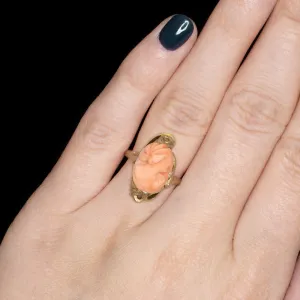 VINTAGE CORAL CAMEO RING ART NOUVEAU YELLOW GOLD COCKTAIL PORTRAIT PEACH ORANGE