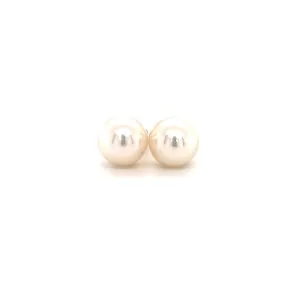 White Pearl Stud 8.5mm Earrings in 14K Yellow Gold