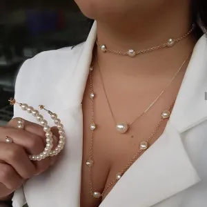 Women Multilayer Exquisite Pearl & Gold Clavicle Necklace Earrings Set