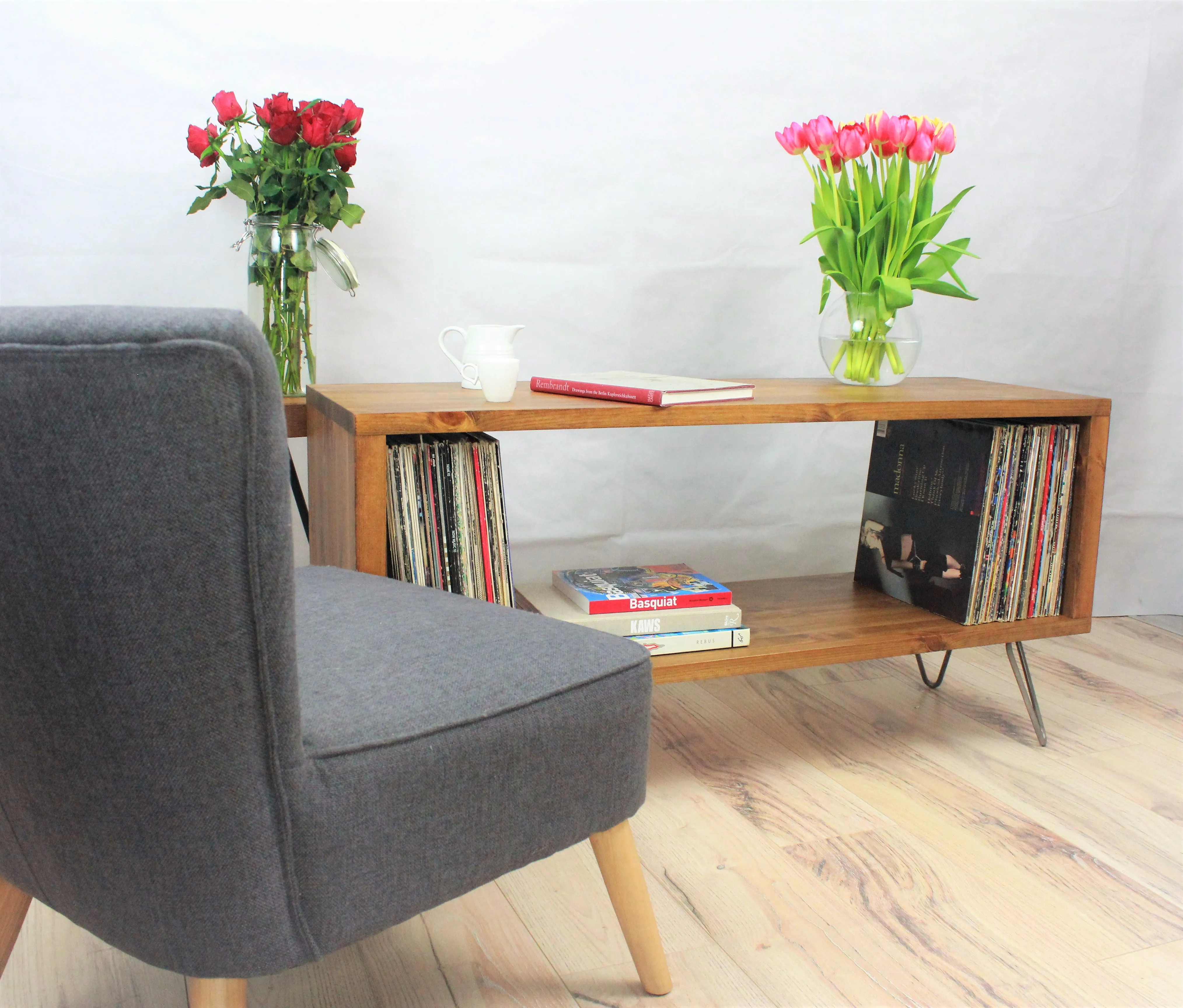 Wooden Industrial Record Player Stand, Record Storage Cabinet, TV stand, Records Stand - Open Storage